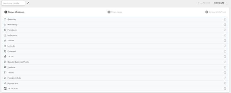 Panel inicial al empezar un informe